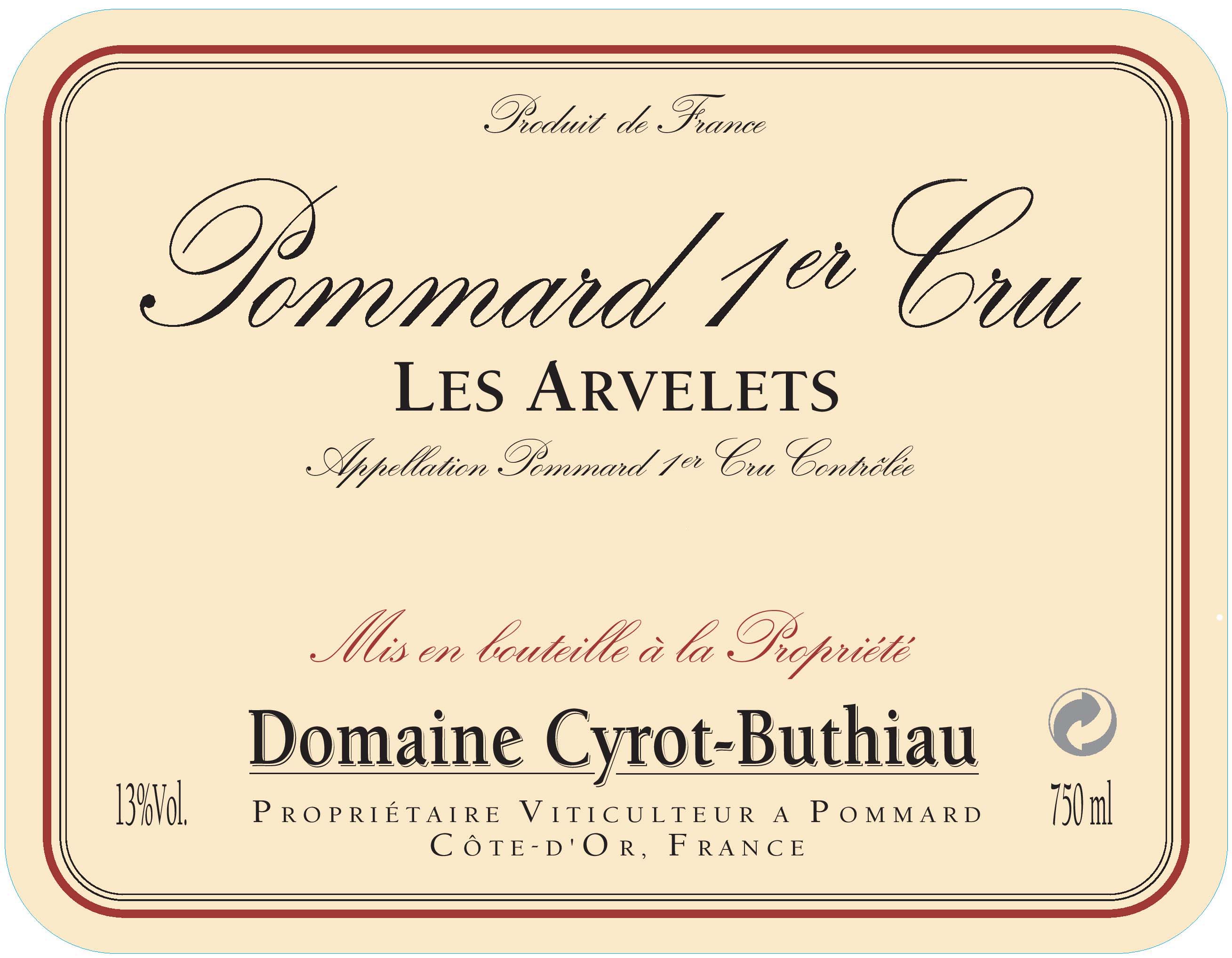 Domaine Cyrot-Buthiau - Pommard 1er Crus - Les Arvelets label