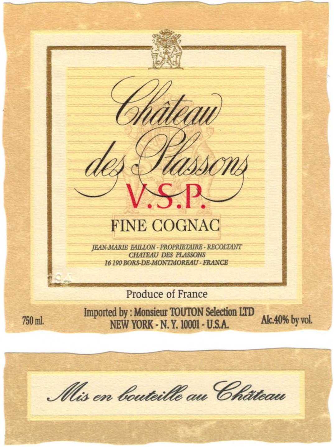 Chateau Des Plassons - Estate Bottled VSP Cognac label