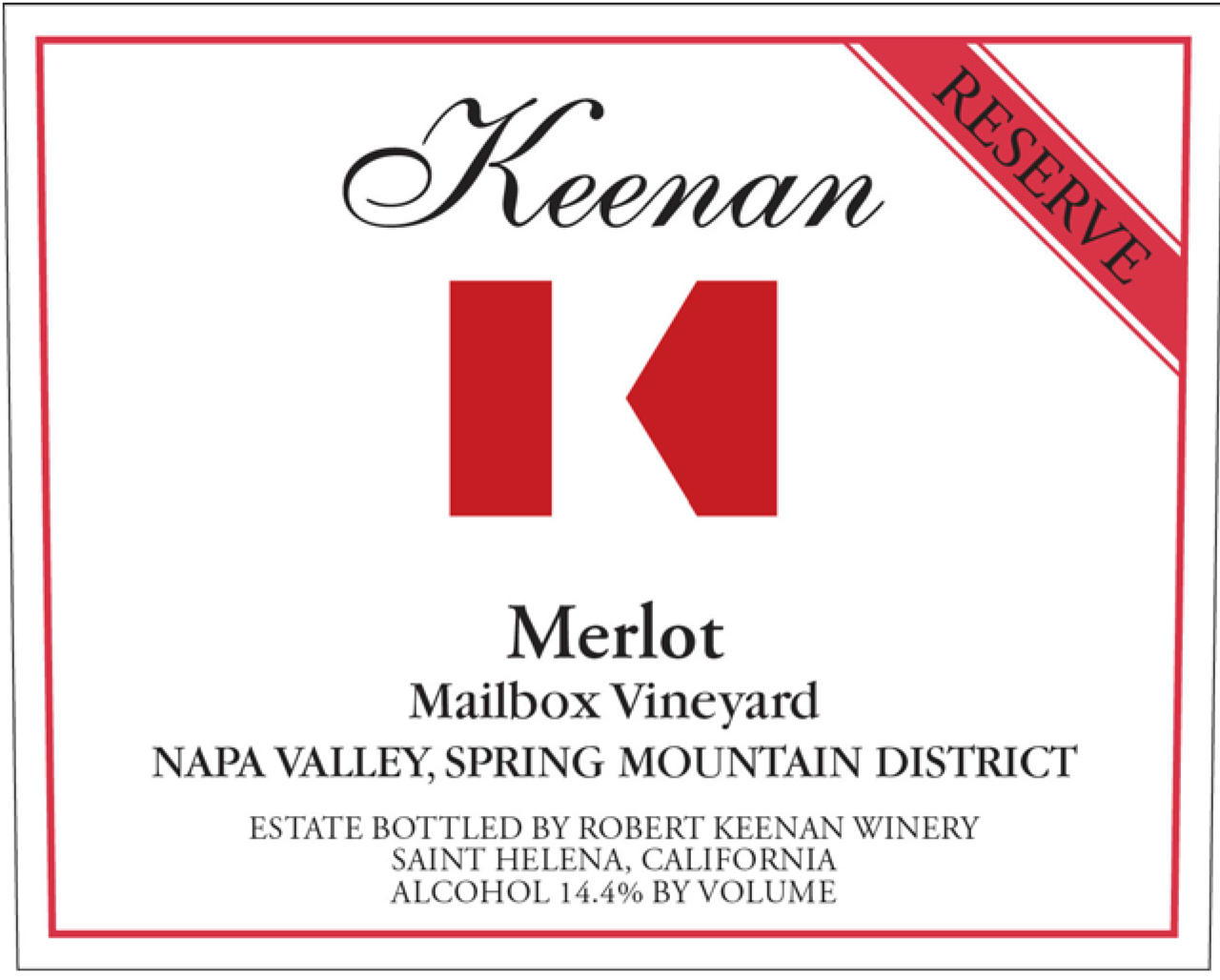 Keenan - Merlot Reserve - Mailbox Vineyard label