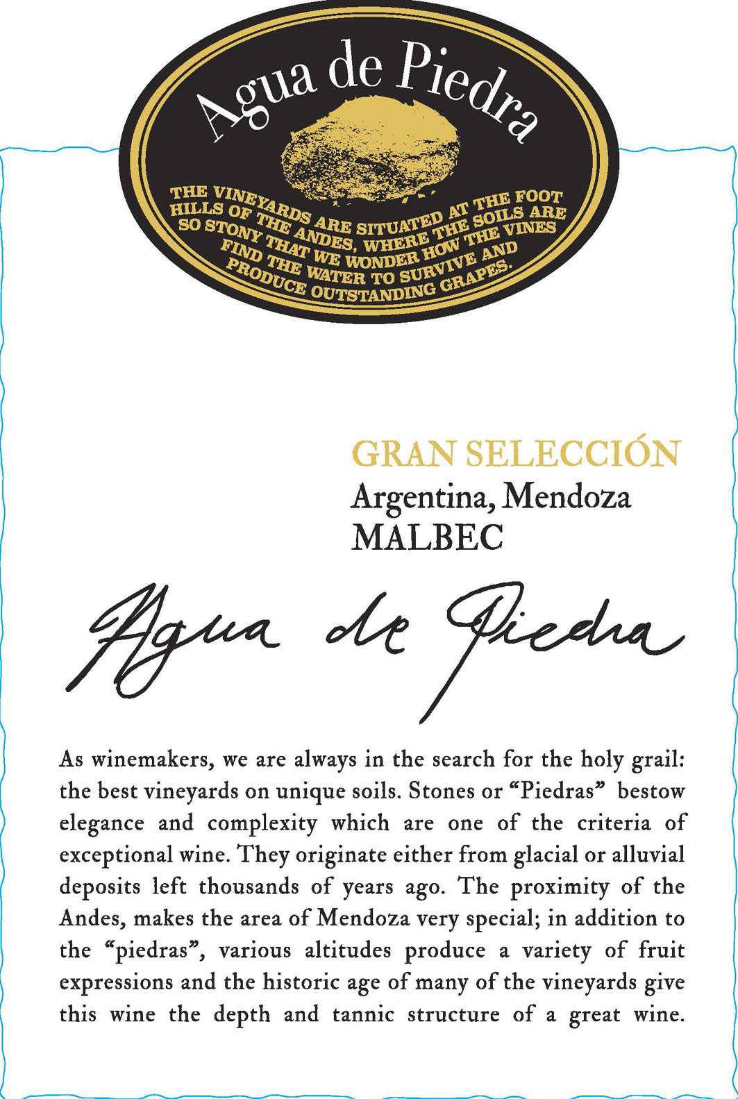 Agua de Piedra - Gran Seleccion - Malbec label